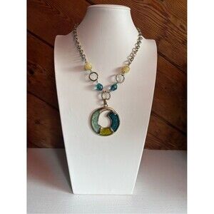 Vintage Teal, Green & Yellow Moon Pendant Necklace